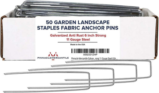 Pinnacle Mercantile USA Made 50 Pack Garden Landscape Staples Weed Barrier Fabric Stakes Galvanized 6 inch Pins Anti Rust Sod Staple 11 Gauge Steel