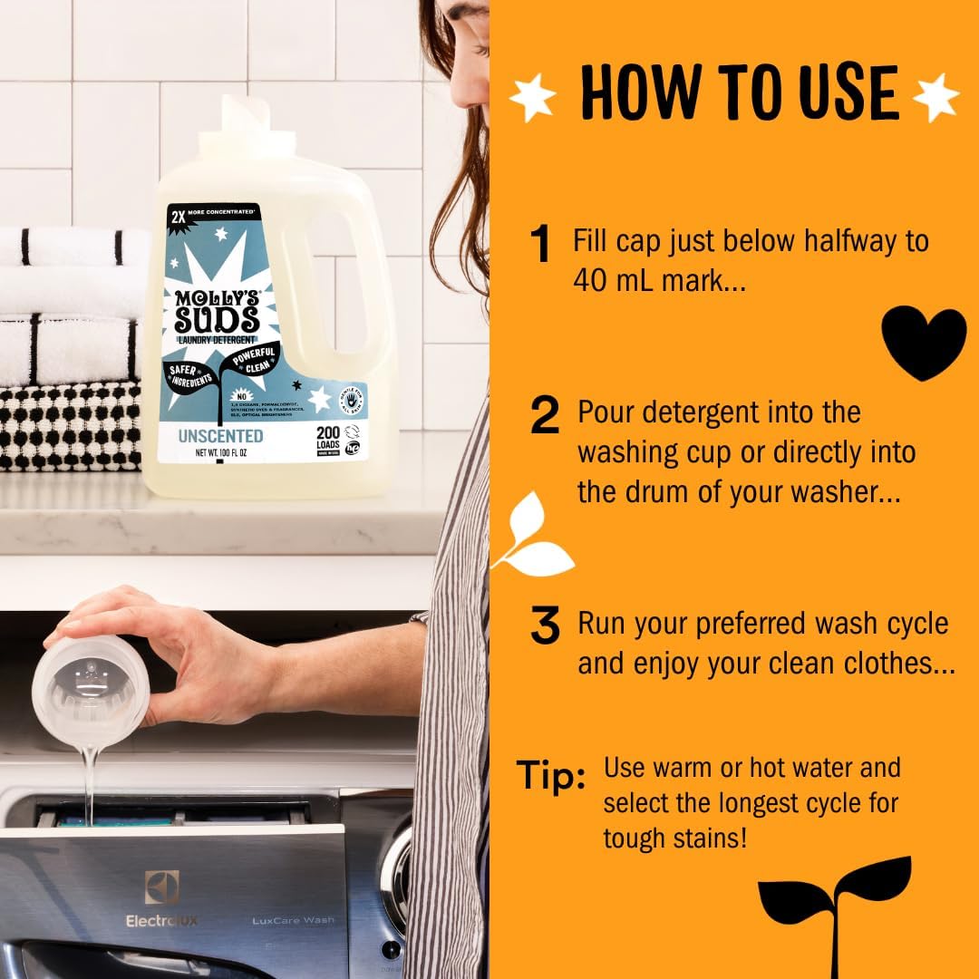 Molly's Suds Liquid Laundry Detergent | Clean Laundry Detergent Soap for Sensitive Skin | 2x Concentrated, High Efficiency (HE) | Citrus Grove - 100 Loads