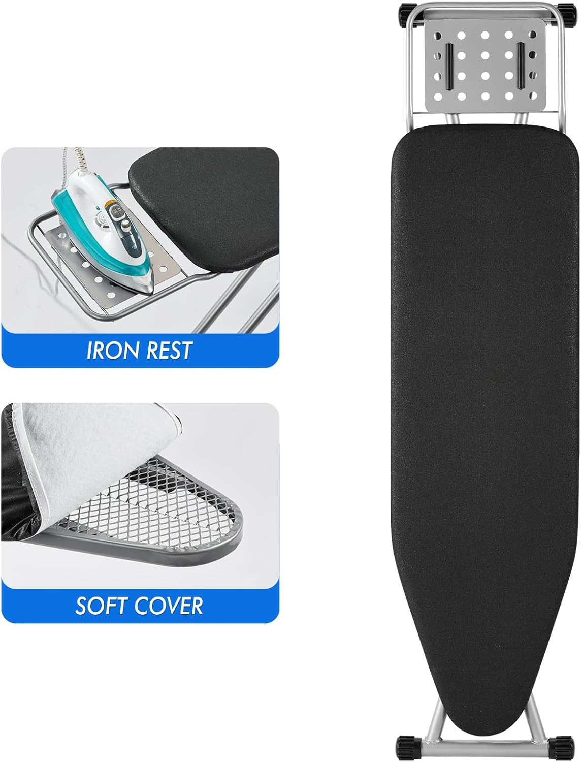 Ironing Board, Heat Resistant Cover Iron Board with Steam Rest, Non-Slip Foldable Ironing Stand. Heavy Sturdy Metal Frame Legs Iron Stand(13 * 34 * 53 Inches) (Silver Black)