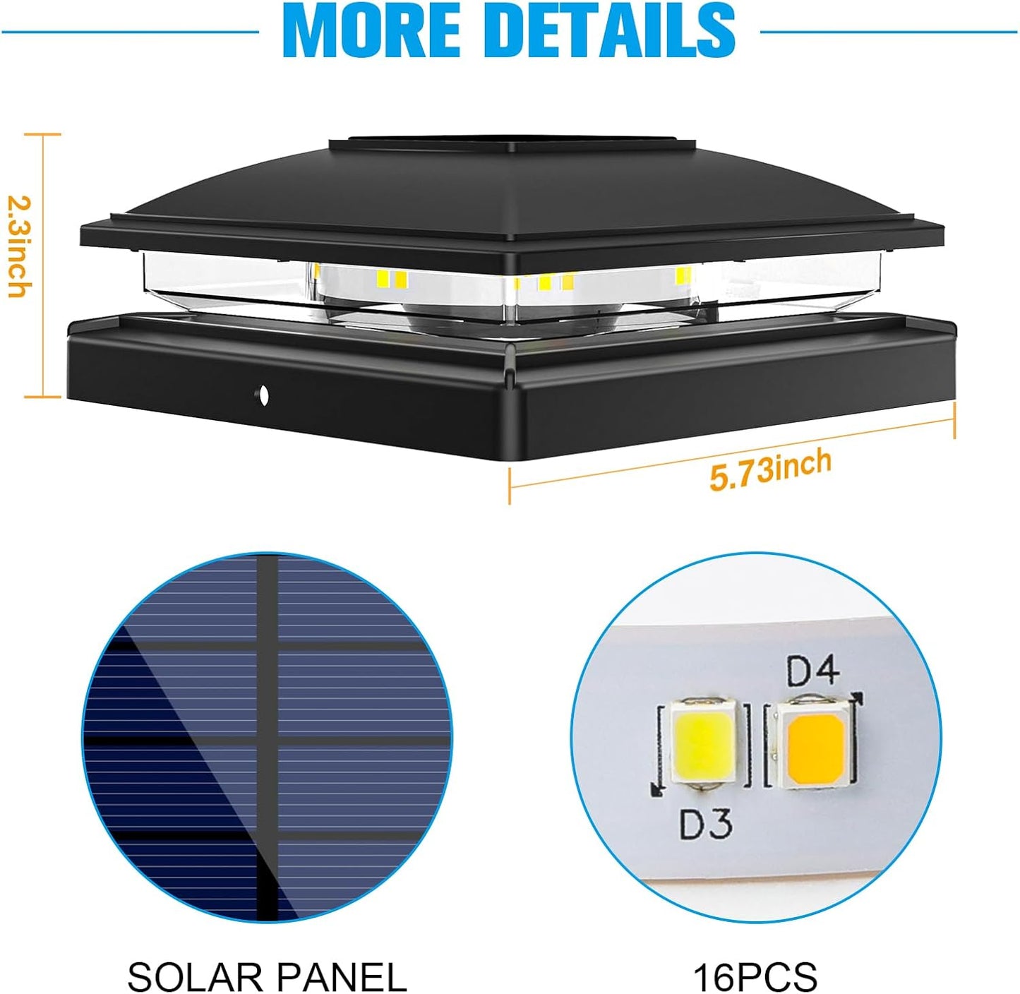 VOLISUN Solar Post Cap Light Outdoor Waterproof 16pack,Solar Fence - Post Lights for 4x4 5x5 6x6 Wooden/Vinyl Post,Black Deck Cap Light Solar Powered with Warm White for Garden/Patio/Porch