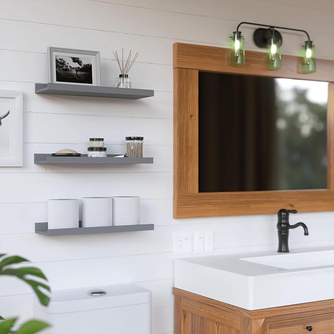 RICHER HOUSE 3 Set Floating Shelves for Wall, Black Wall Mounted Shelves with Lip for Storage, Display Picture Ledge Shelf for Bedroom Bathroom Kitchen Living Room Decor, Modern Grey