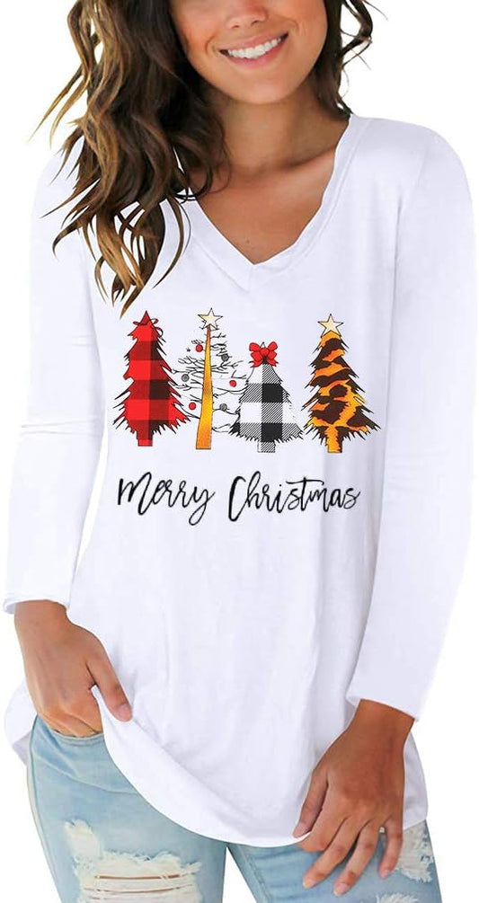 Tobrief Women's Long Sleeve V-Neck Shirts Fall Graphic Tees Loose Casual T-Shirt