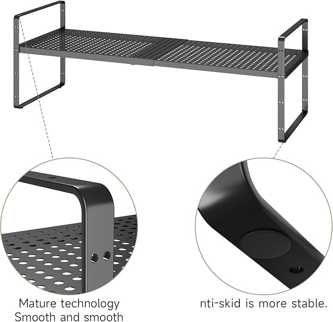 Hole Pattern Expandable Shelf Organizer,1Pack 10.2" Wide Easy to Assemble Cabinet Organizer Shelf, 16.5~27.1" Adjustable Height&Stackable Spice Organization for Cupboard, Black