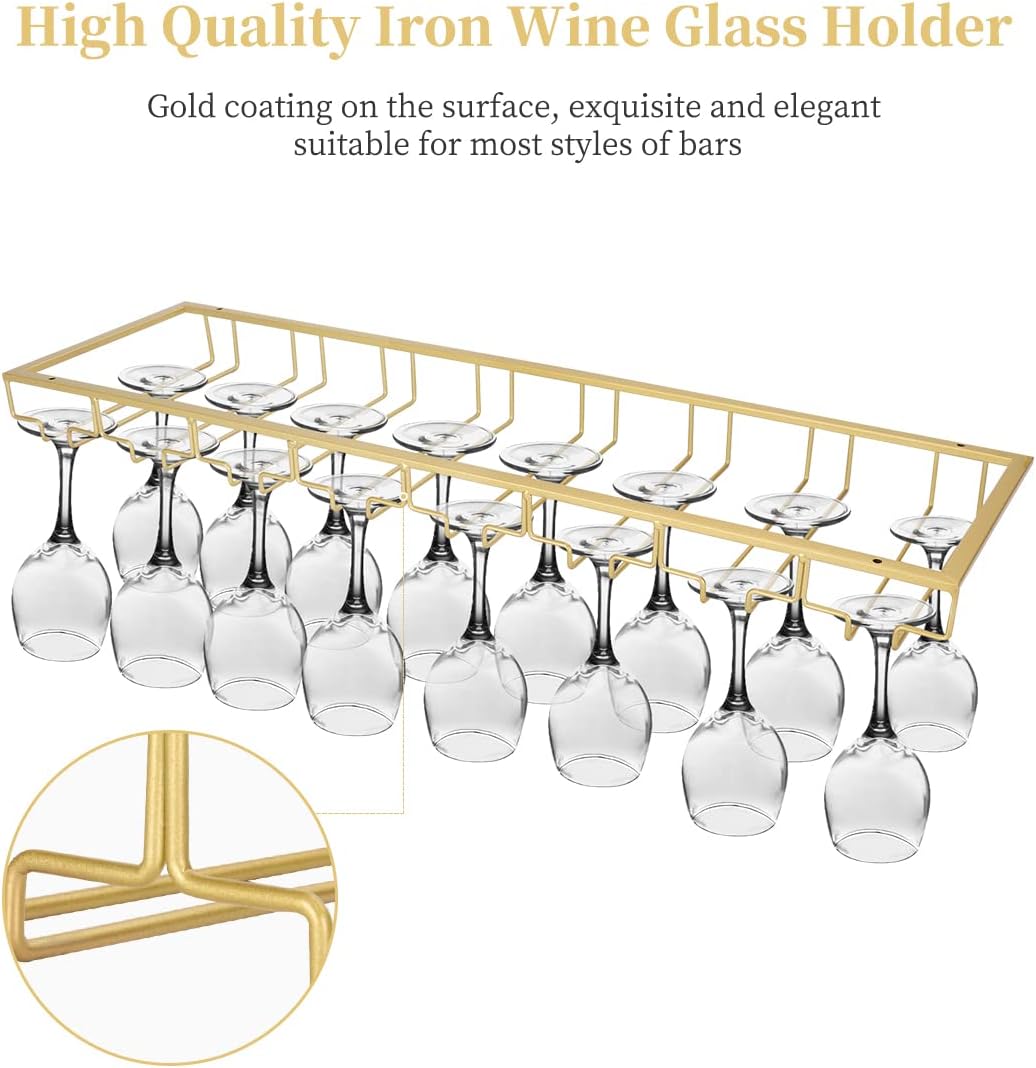 Xverycan Wine Glass Rack Under Cabinet, 8 Row Extreme Large Stemware Hanger, Metal Wine Goblet Holder, DIY Bar Glass Storage Rack for Bar Counter, Kitchen, Screws Included (Gold)
