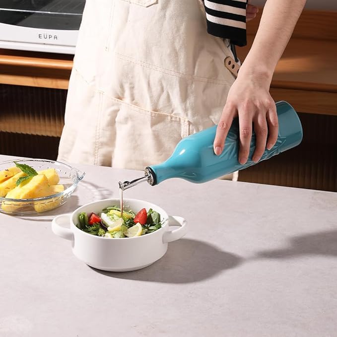 Sweejar Large Ceramic Olive Oil Dispenser Bottle, 24 Oz Relief Opaque Oil Cruet Protects Liquids, Set of 1 (Gradient Blue)