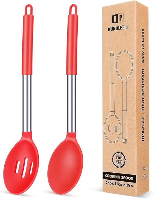 Pack of 2 Large Silicone Cooking Spoons,Non Stick Solid Basting Spoon,Heat-Resistant Kitchen Utensils for Mixing,Serving,Draining,Stirring (RED)