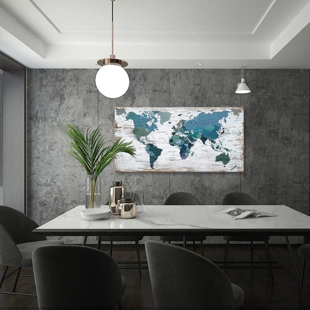 teal world map Wall Art Watercolor Abstract Wall Decal Large Office Canvas Wall Art map of the world 32in"x48in" Painting for Bedroom Wall Decoration for Living Room Blue wall art Artwork for Walls
