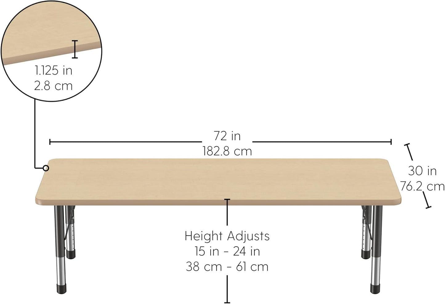 Factory Direct Partners FDP Rectangle Activity School and Classroom Kids Table (30 x 72 inch), Chunky Toddler Leg, Adjustable Height 15-24 inches - Maple Top and Maple Edge