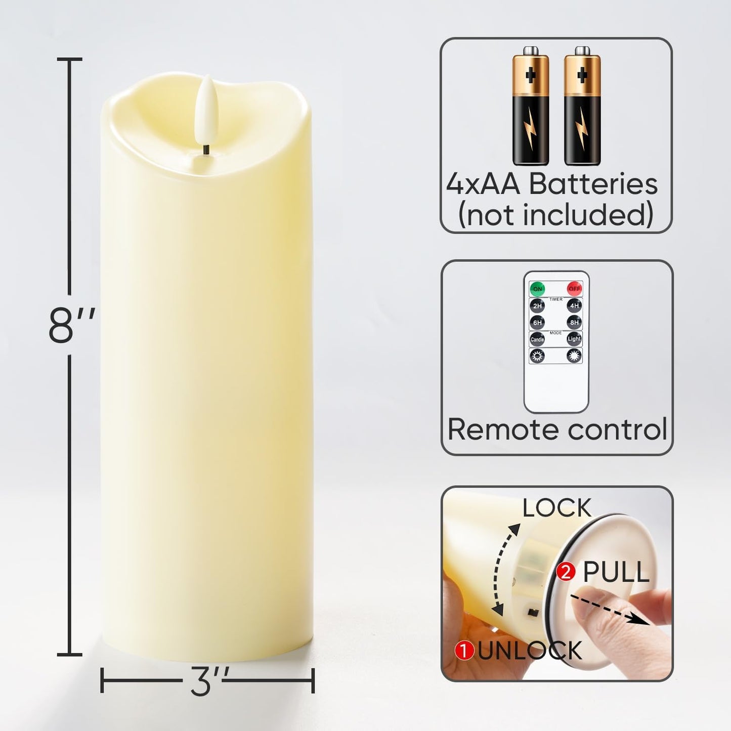 Homemory 3"x8" Outdoor Waterproof Flameless Candles, LED Candles, Battery Operated Candles with Remote and Timers, Electric Fake Plastic Pillar Candles, Dark Ivory, Set of 2