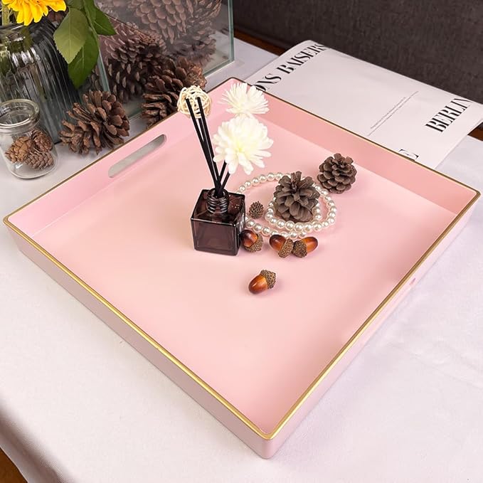Pink Decorative Tray, Square Serving Tray with Handles, Plastic Coffee Table Tray for Ottoman, Living Room, Kitchen Tabletop, 13"x13"x1.6"