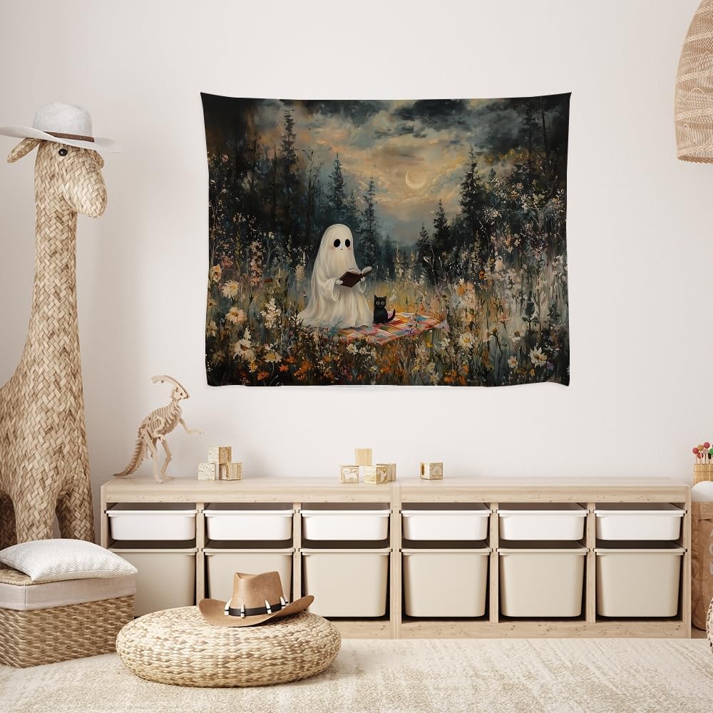 Halloween Ghost and Black Cat Tapestry Wall Hanging Spooky Ghos Reading Book in Wildflowers Wall Decor Halloween Witchy Room Aesthetic Tapestries for Goth Living Room Bedroom Decoration 50x60inch