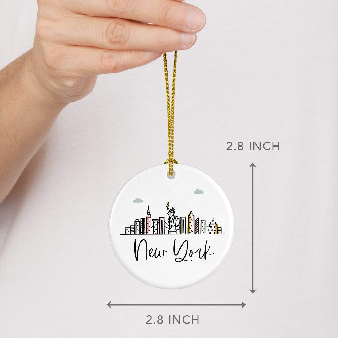 Andaz Press Round Ceramic Porcelain Christmas Tree Ornament Keepsake, New York Colorful City Skyline Graphic, 1-Pack, Birthday Gift Ideas for Family Coworker Him Her, Includes Gift Box