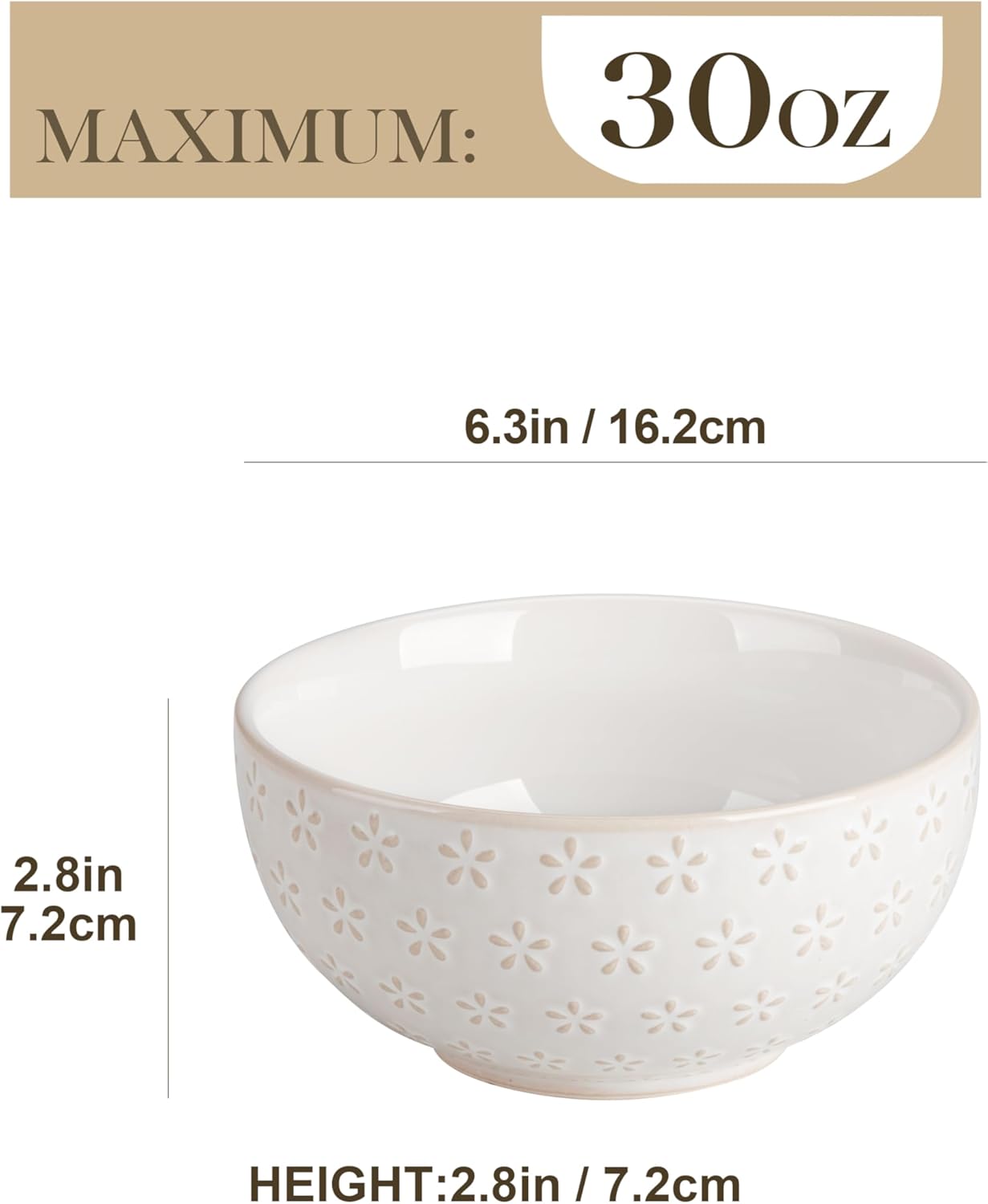 MALACASA Cereal Bowls, 30 Ounce Ceramic Soup Bowl for Kitchen, Stoneware Bowls Set of 4 with Embossment for Pho, Chip, Fruits, Salad, Noodle, Ramen - 6 Inch, Arctic White Series LYDIA