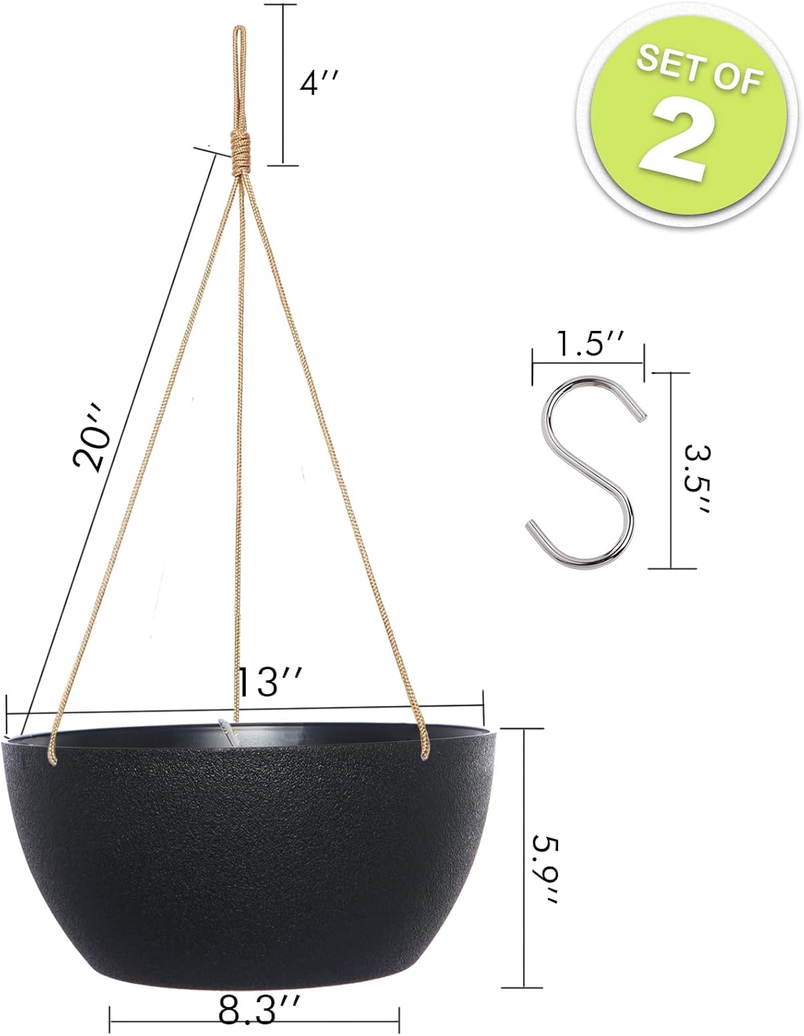 13 Inch 2 Pack Large Hanging Planters for Indoor Outdoor Plants, Plastic Hanging Basket Pots for House Plants Flowers, Black