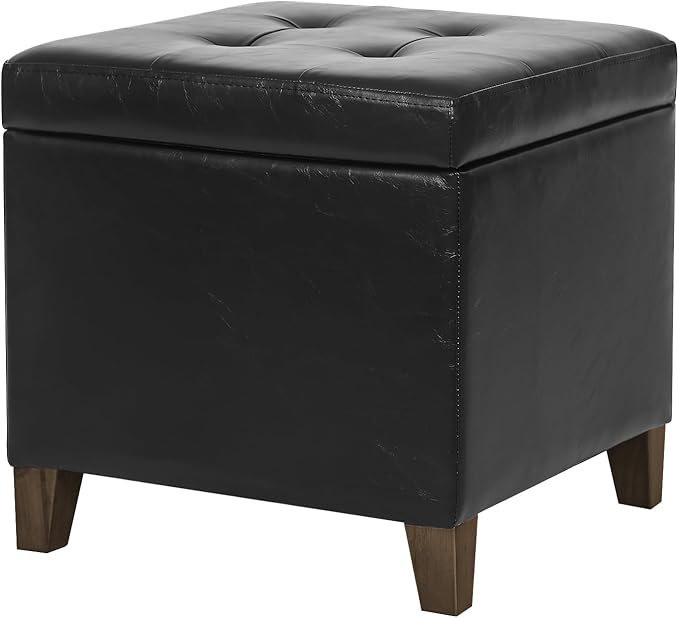 Adeco Faux Leather Storage Ottoman Bench with Solid Wood Legs, 17.7" Square Black PU Cube Foot Stool, Upholstered Button Tufted Vanity Chair with Hinged Lid for Living Room, Bedroom, Dorm