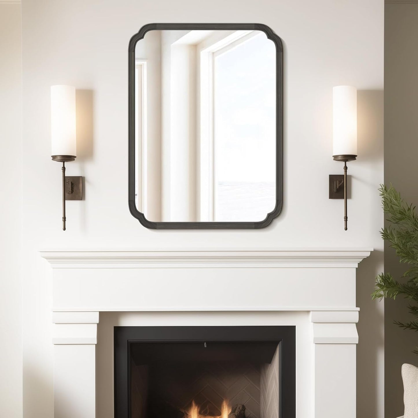 WallBeyond 30" x 40" Rounded Corner Arch Wall Mirror with Wood Frame for Entryway, Living Room or Bedroom Home Decor - Light Woodgrain [30 x 40 inches, Black]