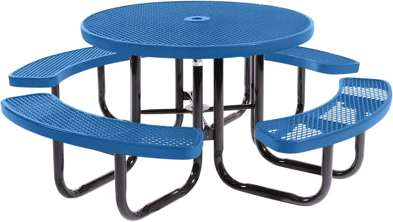 Coated Outdoor Furniture Heavy-Duty Portable Outdoor Picnic Table with Umbrella Hole, Expanded Metal Commercial-Grade Patio Dining Furniture Made in America (46" Round Top, Textured Light Blue)