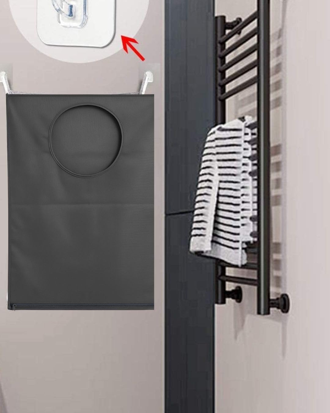 Hanging Laundry Hamper Bag – Space-Saving Dirty Clothes Storage with Free Adjustable Stainless Steel Over-the-Door Hooks & Suction Cup Hooks – Ideal for bathrooms, bedrooms & dorms (2, Gray)