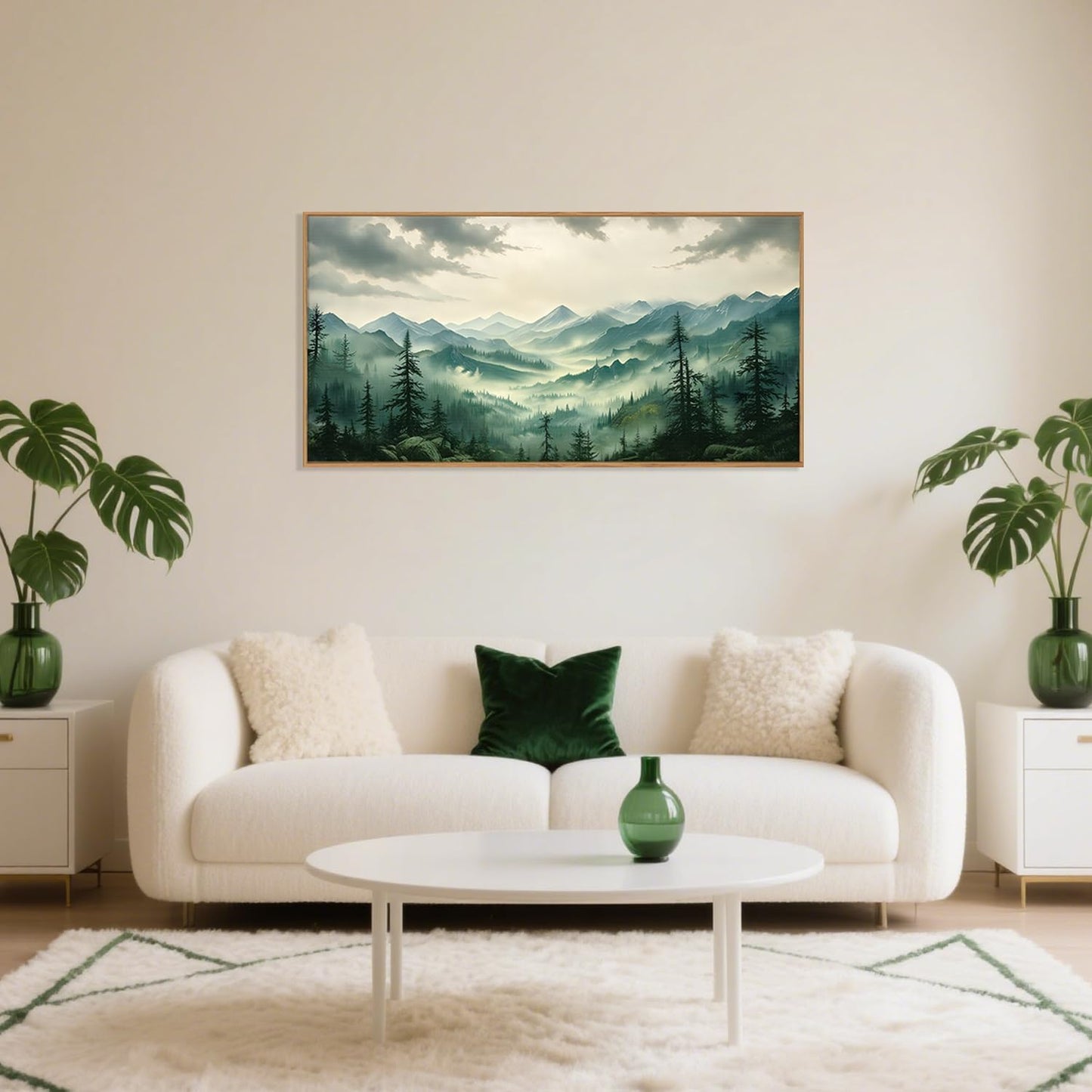 Celestdeco Green Foggy Mountain Framed Canvas Wall Art Set, Misty Forest Wall Decor, Watercolor Pine Tree Wall Painting, Large Nature Landscape Art Print for Living Room, Bedroom, Office - 20"X40"