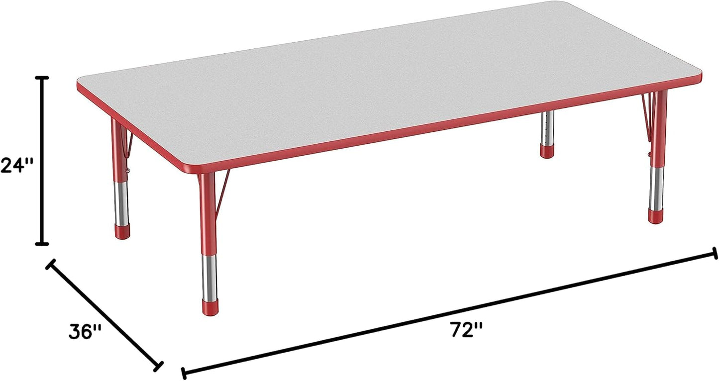 Factory Direct Partners FDP Rectangle Activity School and Classroom Kids Table (36 x 72 inch), Toddler Legs, Adjustable Height 15-24 inches - Gray Top and Red Edge