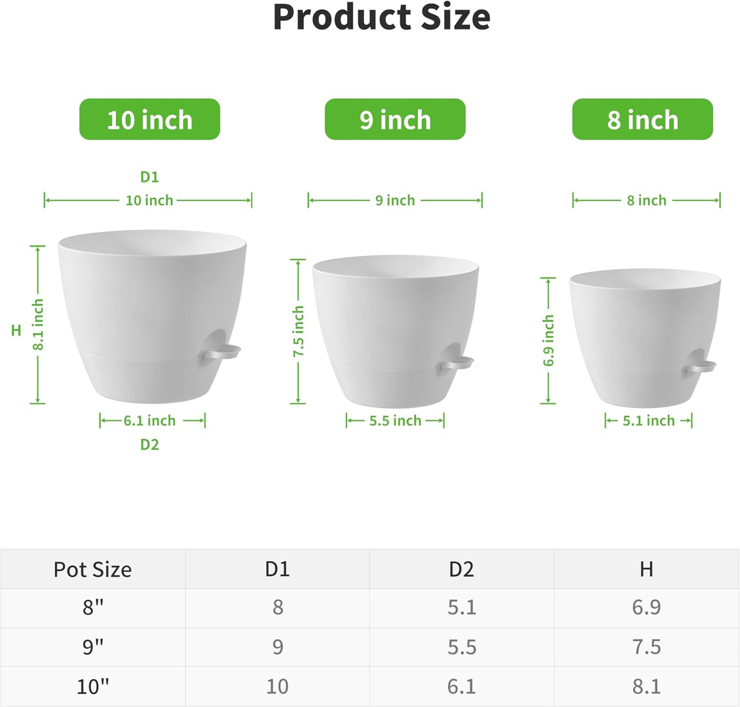 FaithLand 3-Pack Planter Pots, 10 9 8 Inch Self Watering Flower Pots for Indoor Outdoor Garden Plants, White