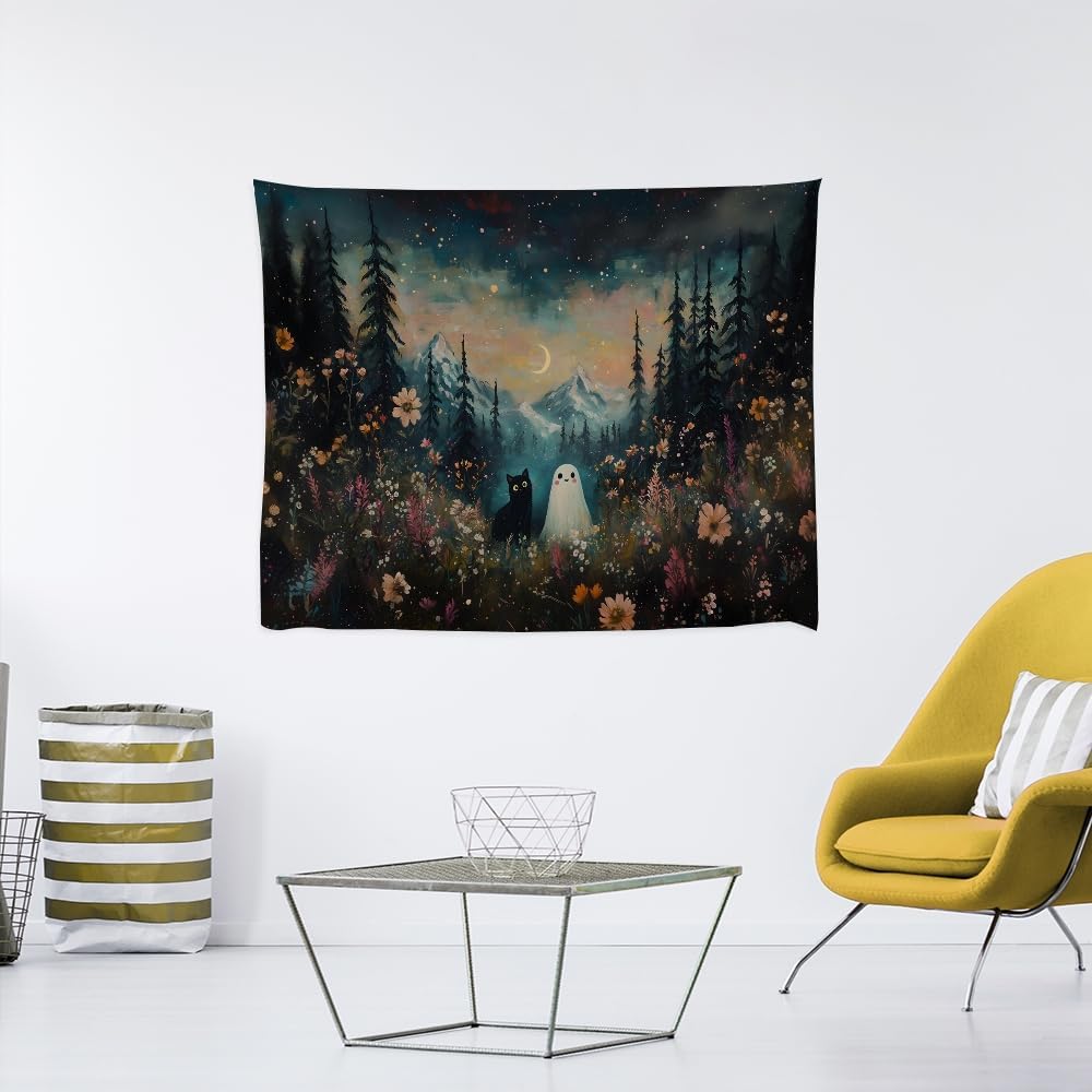 Whimsical Halloween Tapestry Wall Hanging Ghost and Black Cat in Magical Forest Wildflowers Meadow Tapestry Art Print Charming Spooky Fall Season Tapestries for Living Room Bedroom Decor 60x80inch
