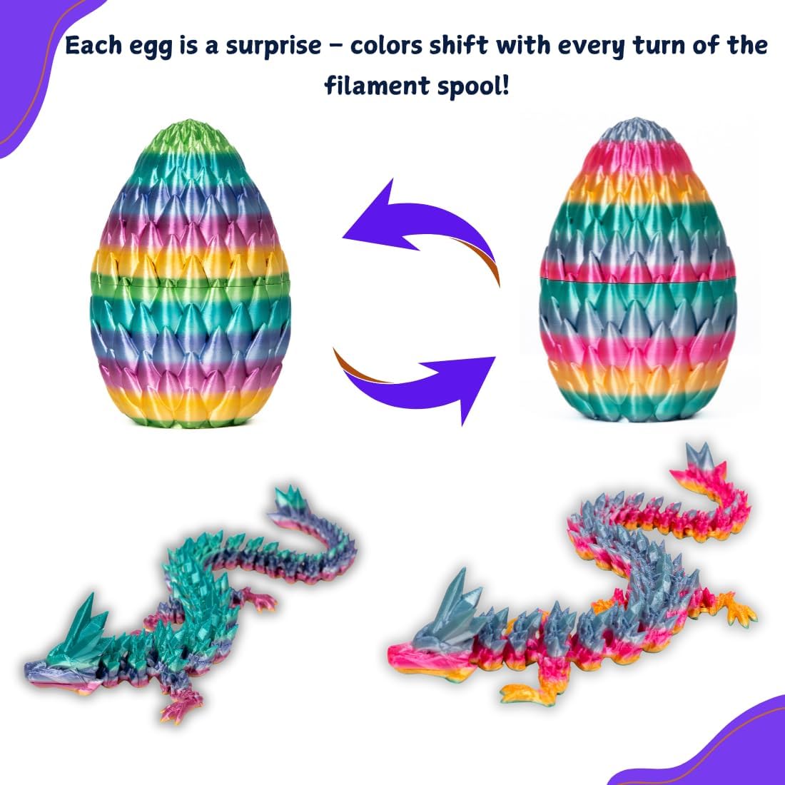 3D Printed 12” Articulated Crystal Dragon Inside 5.1” Egg – Fantasy Collectible, Fidget Toy & Stocking Easter Basket Stuffers for Home & Office Decor (Rainbow)