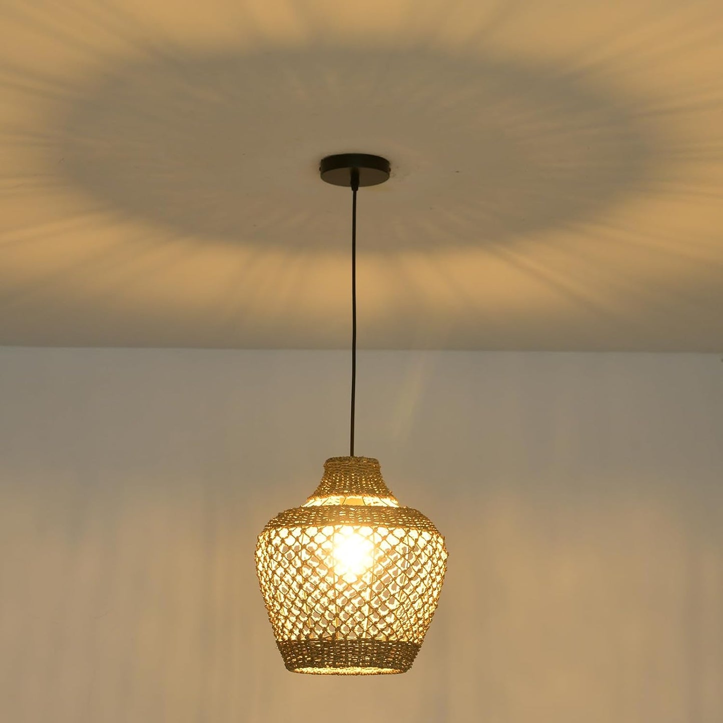 2-Pack Rattan Pendant Light,Bohemian 11.81” Wicker Chandelier,Handwoven Hanging Seagrass Chandeliers Fixture, for Farmhouse Kitchen Island Boho Dining Living