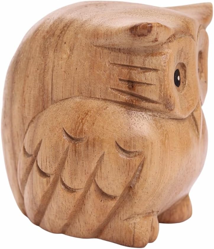 Thai Wooden Hand Carved Wooden Owl Statue, Sculpture Art Decorative Rustic Home Decor Accent Handmade Handcrafted Decoration Natural Color (Owl)
