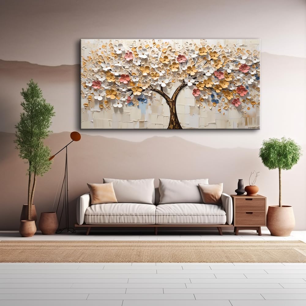 LASMOND White Spring Tree of Life Wall Art Office Decor Living Room Modern Painting Prints Pictures Abstract Floral Flower Nature Canvas Large Landscape Artwork (20x40 Inches)