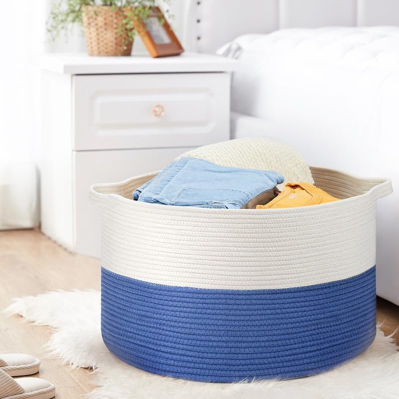 Ravinte Large Storage Basket - 22"x 22"x 14" Blanket Basket for Living Room, Baby Toy Storage Basket, Cotton Rope Basket Woven Laundry Basket (White-Blue)