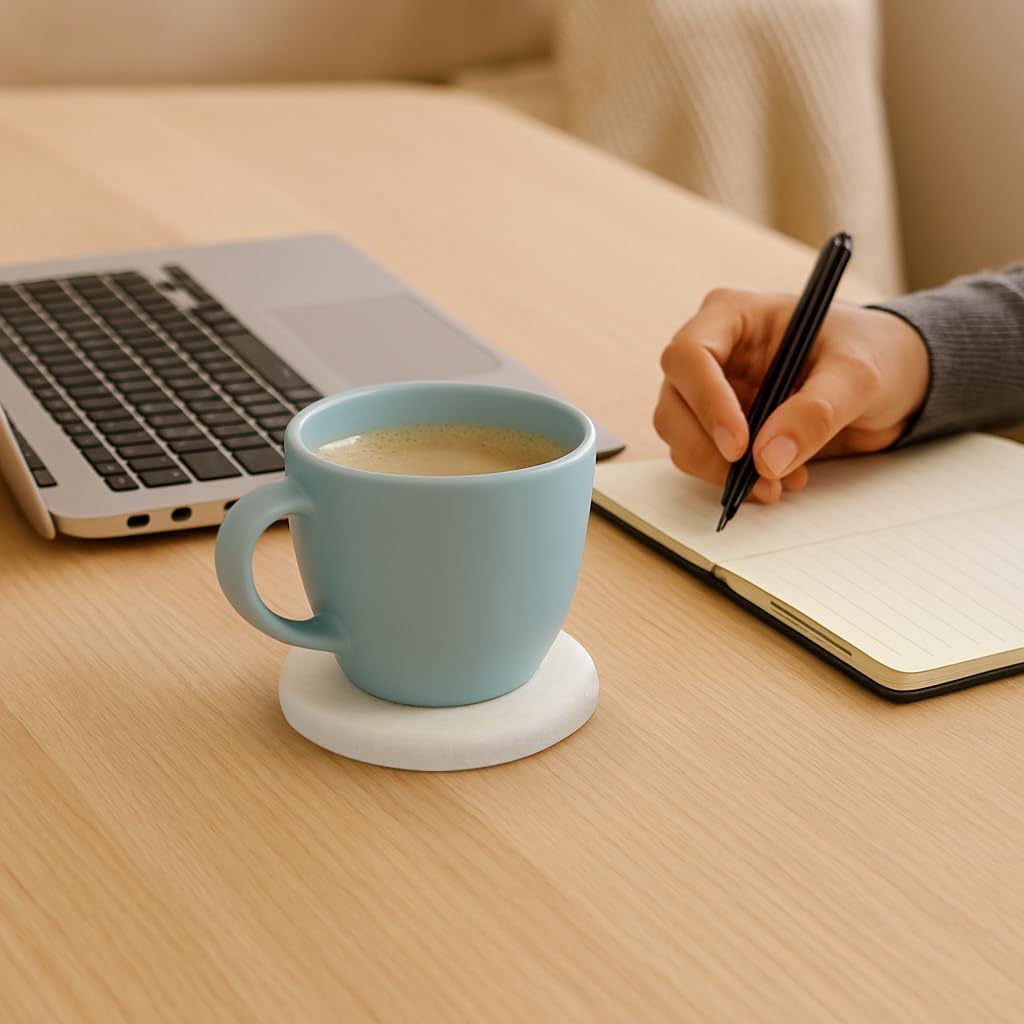 White Marble Coasters with Bling Particles, Set of 6 - Natural Marble Stone Drink Coaster with Protective Silicone Feet, 4 inch Diameter, 0.4 inch Thick - Heat-Resistant Coasters for Coffee Table