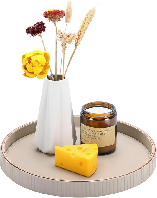 KINGFOM Decorative Serving Tray, PU Leather Valet Nightstand Desk Organizer for Men Women, Round Tray Decor for Coffee Table/Home Decor, Modern Decorative, Centerpiece (Beige)