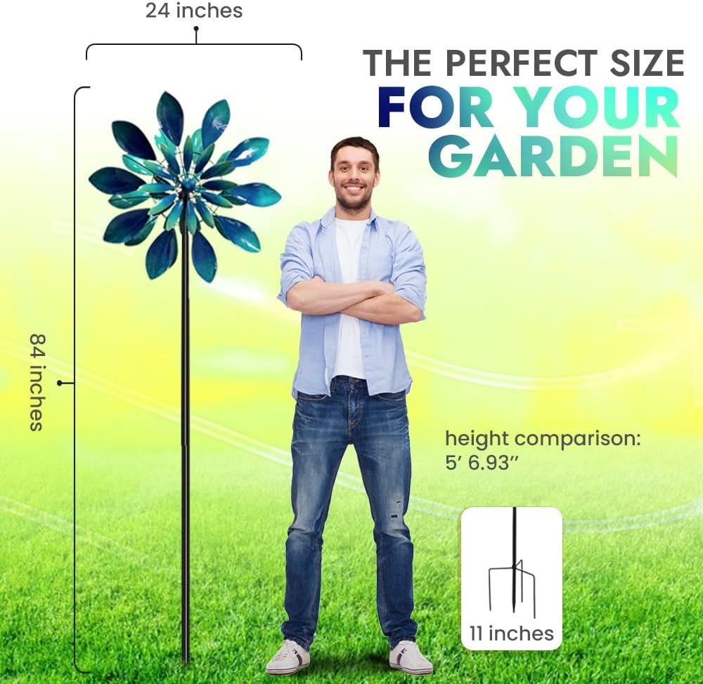 Large Wind Spinners - Decorative Garden Whirligigs - Durable Metal Flower Art - Ideal for Yard Decor and Gifts - Outdoor Accessories - Designed for Patios & Landscapes Blue 24"W x 84"H