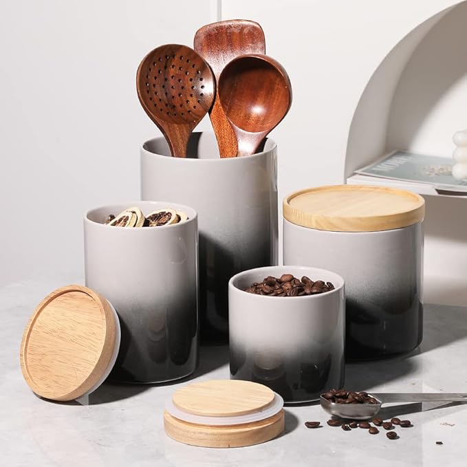 Sweejar Ceramic Food Storage Jar, Stackable Kitchen Canisters, Containers with Airtight Seal Wooden Lid for Serving Coffee Grounds, Coffee Bean, Flour, Tea, Spice and More - 39 Fl Oz (Gradient Gray)