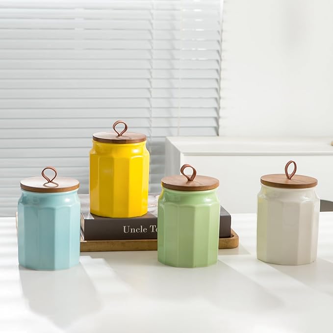 Canister Sets for Kitchen, Kitchen Canisters for Countertop with Airtight Wood Lid, Ceramic Food Storage Containers and Sugar Container for Coffee, Flour, Tea, Candy, Cookie, Spice