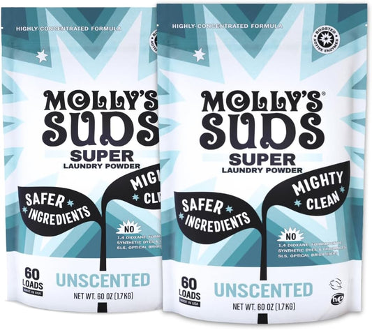 Molly's Suds Unscented Super Powder Detergent | Extra Strength Laundry Soap, Stain Fighting | Sensitive Skin | Simple, Effective Ingredients | 120 Loads Total (2 Pack)
