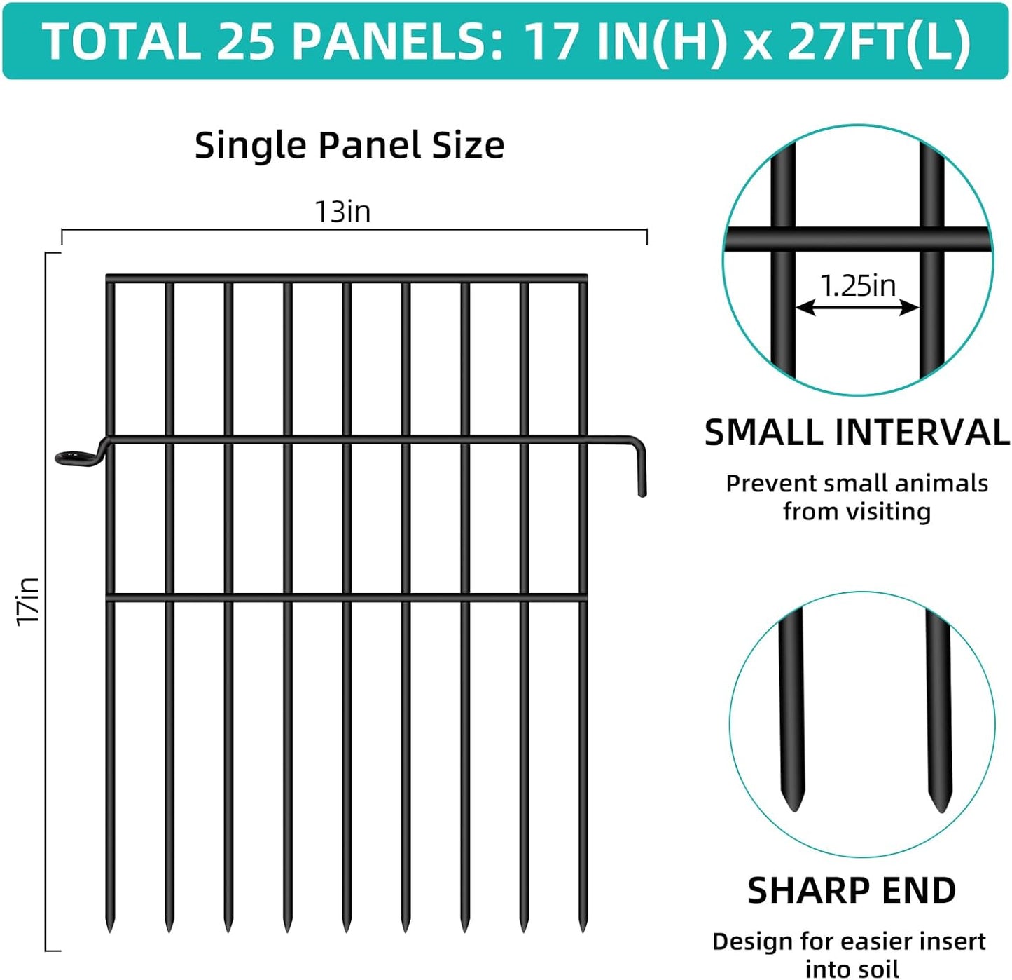 Animal Barrier Fence, 25 Panels No Dig Fences, 17in(H) X 27ft(L) Garden Fence Animal Barrier for Rabbits and Dog Under Fence Barrier, Rustproof Metal Fences Border for Outdoor, Yard, Patio