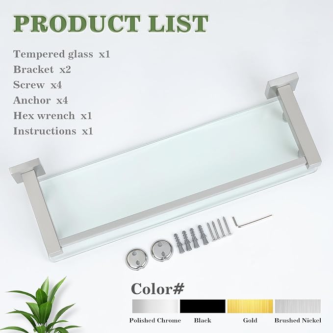 Alise Bathroom Glass Shelf with Stainless Steel Railing, Brushed Nickel Small Tempered Glass Floating Wall Shelf Over The Toilet, 16 inch
