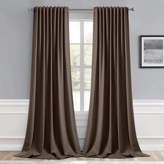 MIULEE Chocolate Brown Back Tab Blackout Curtain 96 Inch Long 2 Panels Set for Bedroom, Rod Pocket/Pinch Pleat Thermal Insulated Living Room Darkening Pleated Light Blocking Floor to Ceiling Drape