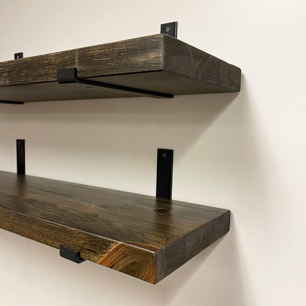 Rustic Shelves with J-Brackets Set of 2, Industrial Shelf, Kitchen Shelves, Solid Wood, Decorative Wall Storage, Heavy Duty, URBANDI (Dark Brown, 48Wx8D)
