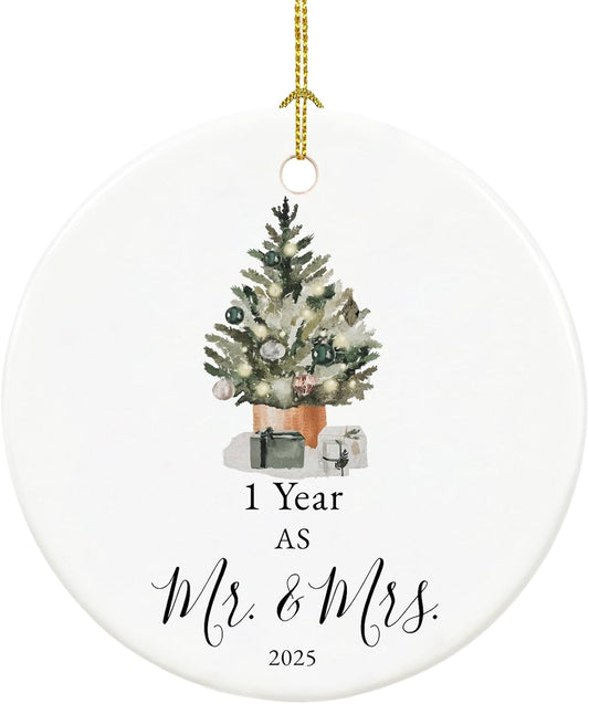 First Anniversary Ornament Gifts for Couple, Wedding Keepsake for 1 Year as Mr and Mrs, Ceramic Christmas Ornament With Ribbon and Box