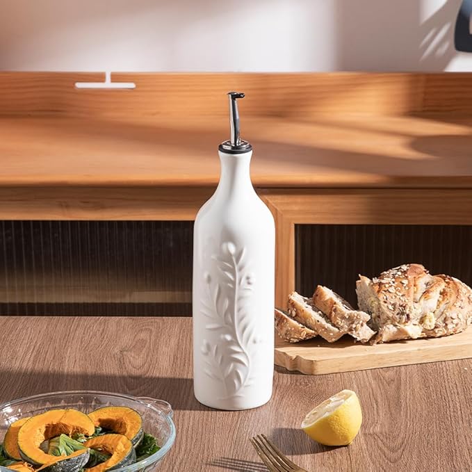 Sweejar Large Olive Oil Dispenser Bottle with Spout, 24 Oz Ceramic Oil Dispenser for Kitchen, Relief Opaque Oil Cruet, Oil Container for Cooking, EVOO, Avocado Oil, Vinegar, Pack of 1 (White)