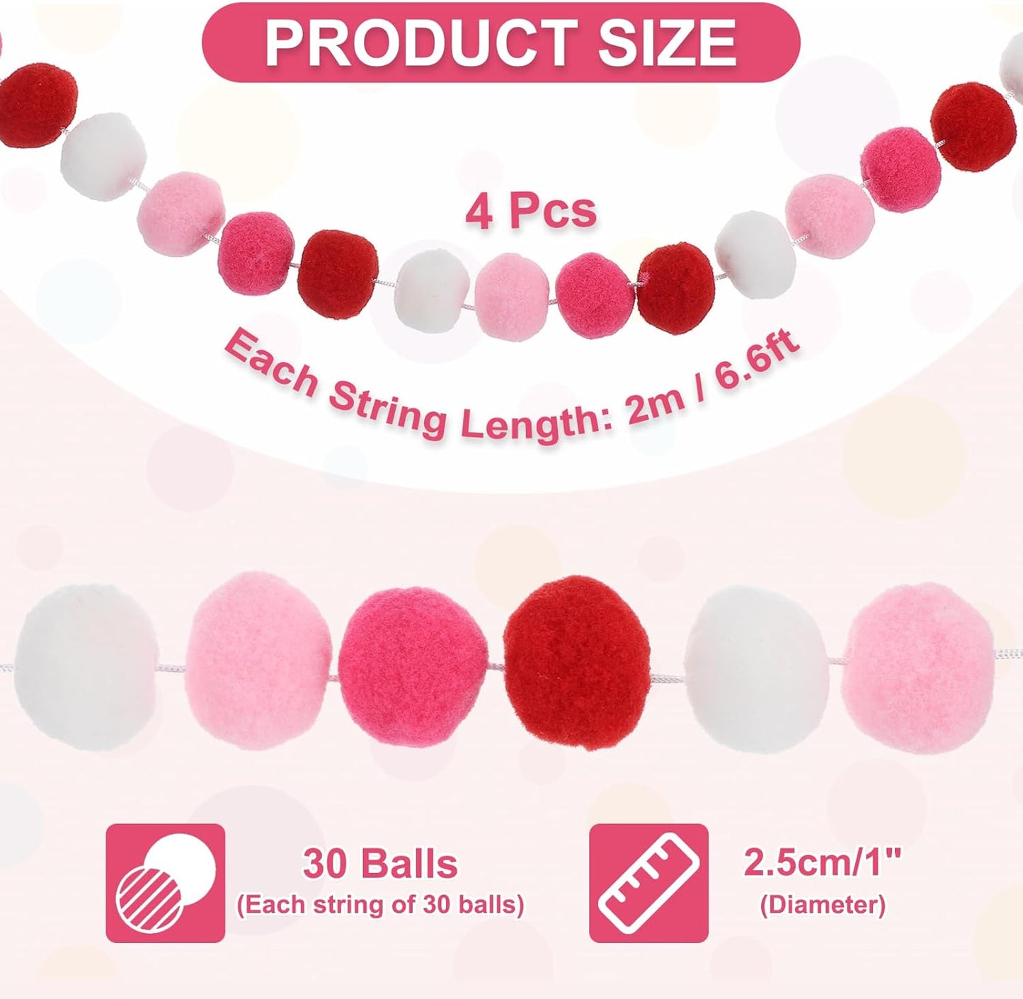 PATIKIL 26Ft Pom Pom Garland Decorations, 4Pcs Colorful Felt Ball Garland Banner Cute Rainbow Pompom Hanging Decorations for Tree Ornaments Homes Decor, Pink/White/Rose Red