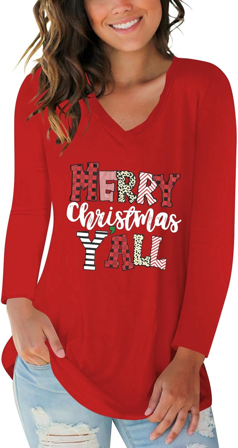 Tobrief Women's Long Sleeve V-Neck Shirts Fall Graphic Tees Loose Casual T-Shirt