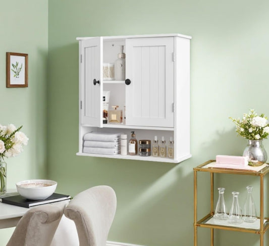 Bathroom Cabinet Wall-Mounted, White Storage Cabinets with Adjustable Shelves, Space-Saving Organizer with 2 Doors for Bathroom, Laundry, Kitchen - Moisture Resistant & Easy Install