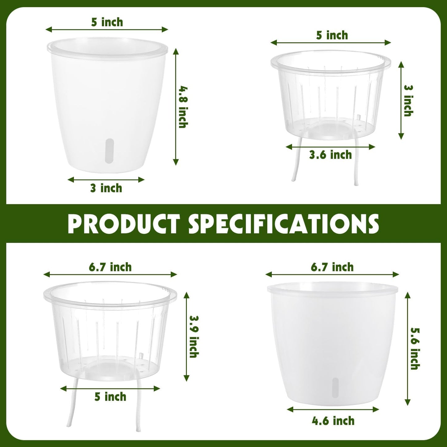 Self Watering Pots for Indoor Plants, 12-Pack 5'' Self Watering Planter with Drainage Holes, Small African Violet Pots with Water Level Indicator, Clear Wick Pot, White/Black