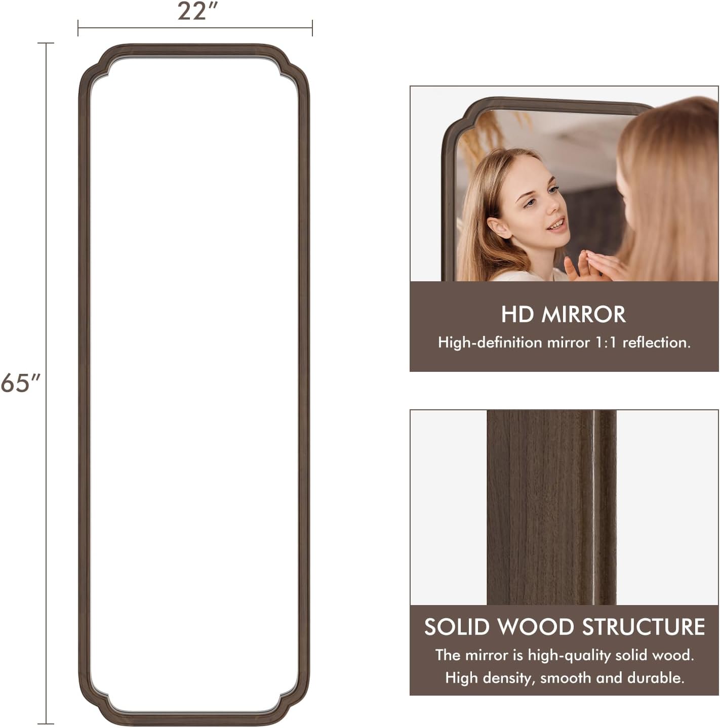 WallBeyond Full Length Mirror Wall Mounted 65"x22", Rustic Wooden Frame Floor Mirror, Large Full Body Mirror for Bedroom, Leaning or Hanging Against Wall (Walnut Solid Wood)