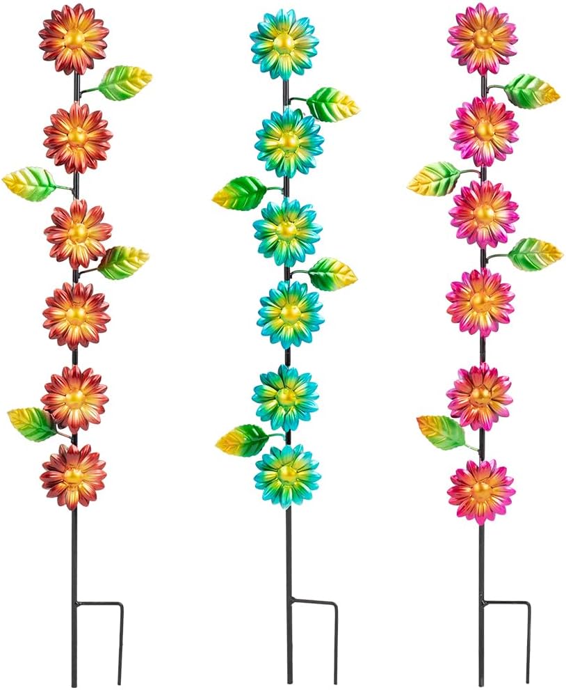 3Pack Flowers Decorative Garden Stakes,Spring Outdoor Metal Flowers Decorations,Metal Yard Art for Outside Patio Porch Decor（22.6 * 5.1IN）