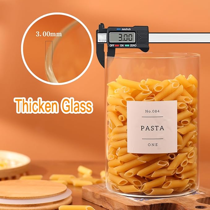 6-Pack Borosilicate Glass Storage Jars with Bamboo Lids + 132 Pre-Printed Pantry Labels Included, BPA-Free Thicken Airtight Containers for Flour, Sugar, Rice, Microwave & Freezer Safe(100OZ/54OZ/27OZ)